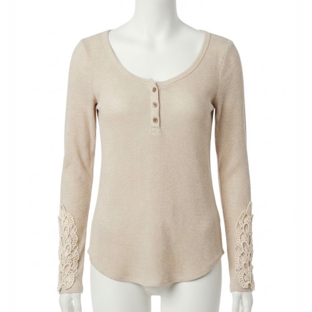 Hollister Beige Waffle Knit Lace Cuff Henley Top Long Sleeve XS Y2K Twilightcore